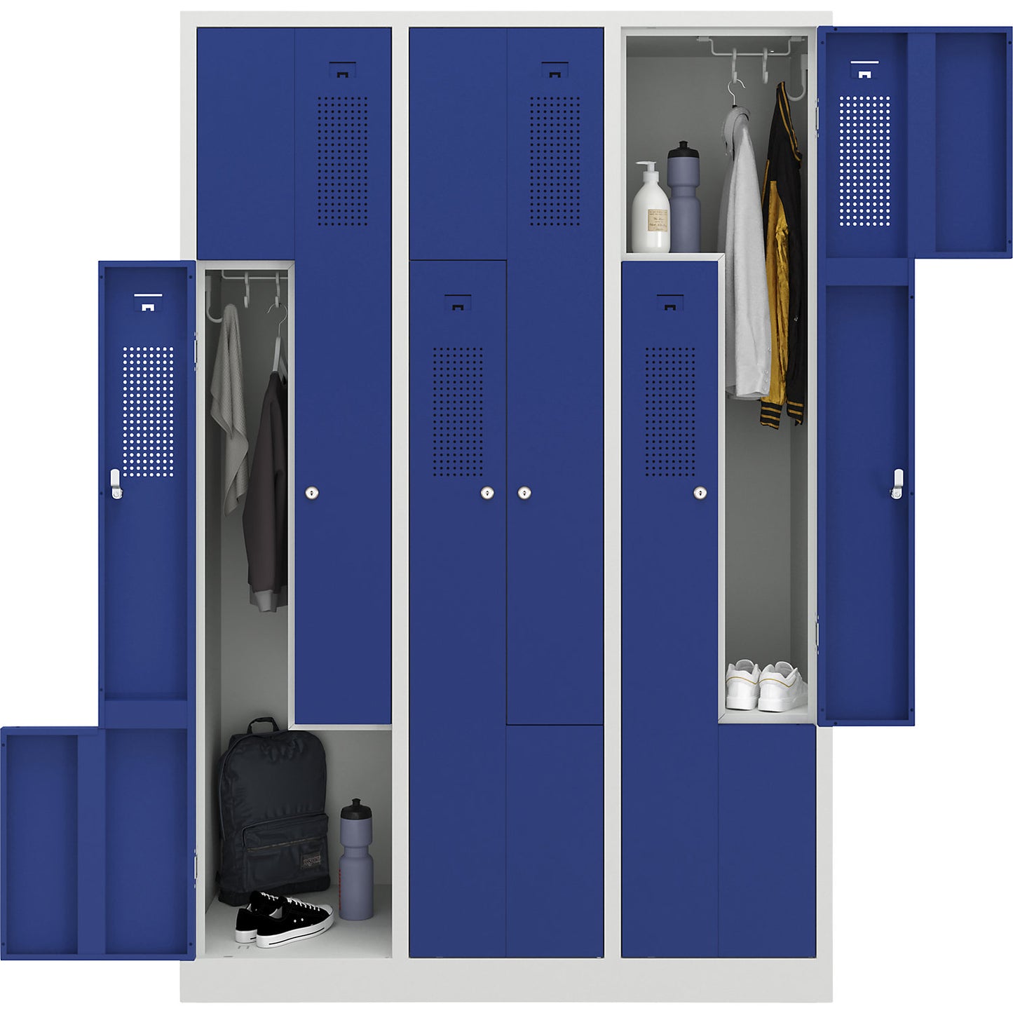 Amsterdam Z locker, 3 compartments, light grey / gentian blue, width 1185 mm.