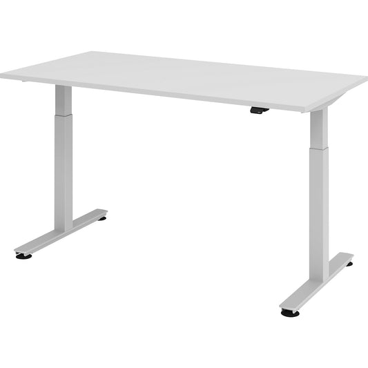 Desk, electric height adjustment, straight, WxD 1600 x 800 mm, light grey/aluminium silver.