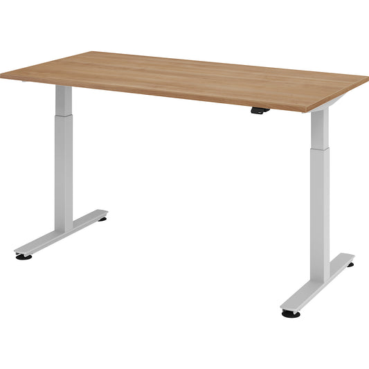 Desk, electric height adjustment, straight, WxD 1600 x 800 mm, walnut/aluminium silver.