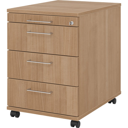 Mobile pedestal, 1 utensil drawer, 3 drawers, depth 580 mm, walnut finish.