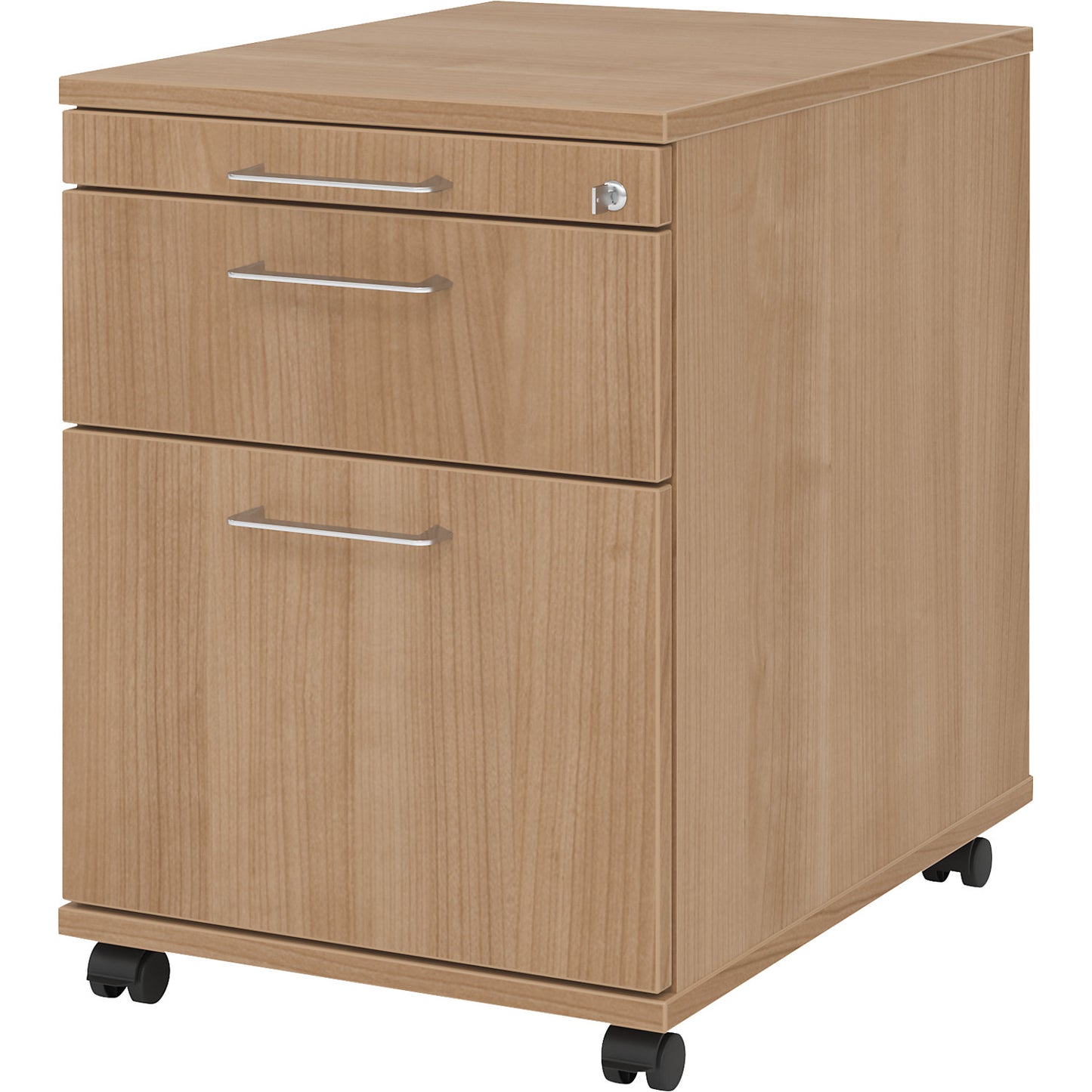 Mobile pedestal, 1 utensil drawer, 1 drawer, 1 file suspension drawer, depth 580 mm, walnut finish.
