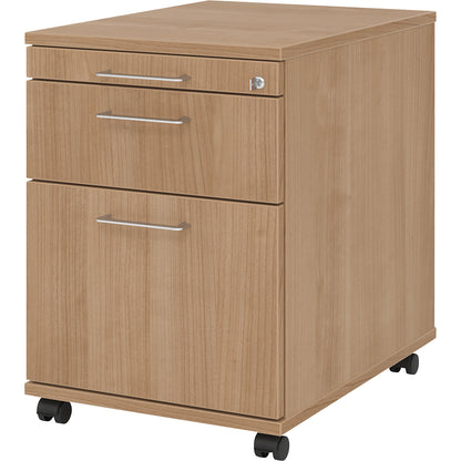 Mobile pedestal, 1 utensil drawer, 1 drawer, 1 file suspension drawer, depth 580 mm, walnut finish.