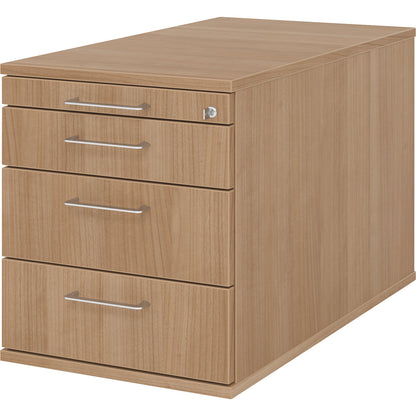 Mobile pedestal, 1 utensil drawer, 3 drawers, depth 800 mm, walnut finish.