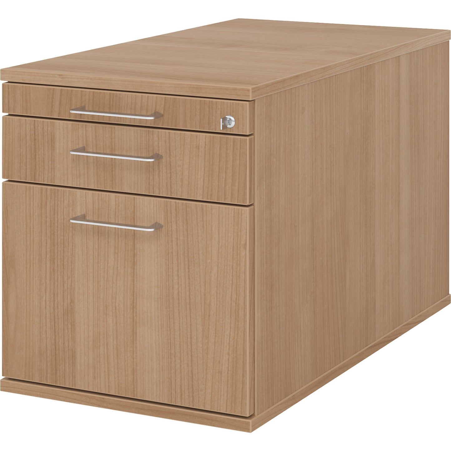 Mobile pedestal, 1 utensil drawer, 1 drawer, 1 file suspension drawer, depth 800 mm, walnut finish.