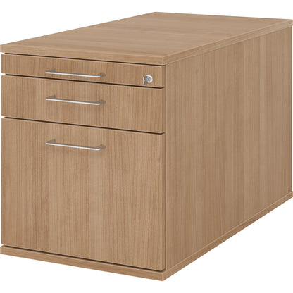 Mobile pedestal, 1 utensil drawer, 1 drawer, 1 file suspension drawer, depth 800 mm, walnut finish.