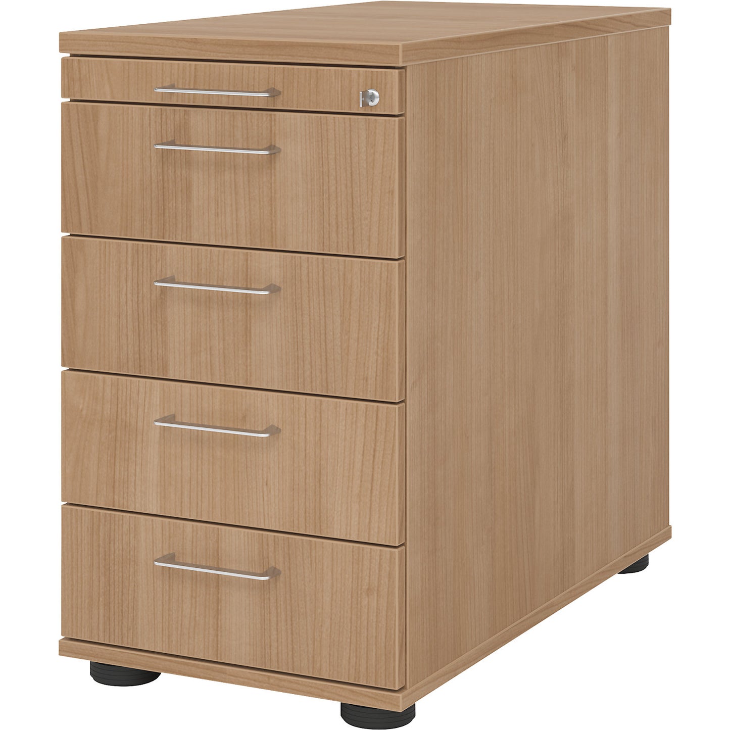 Fixed pedestal, 1 utensil drawer, 4 drawers, walnut finish.