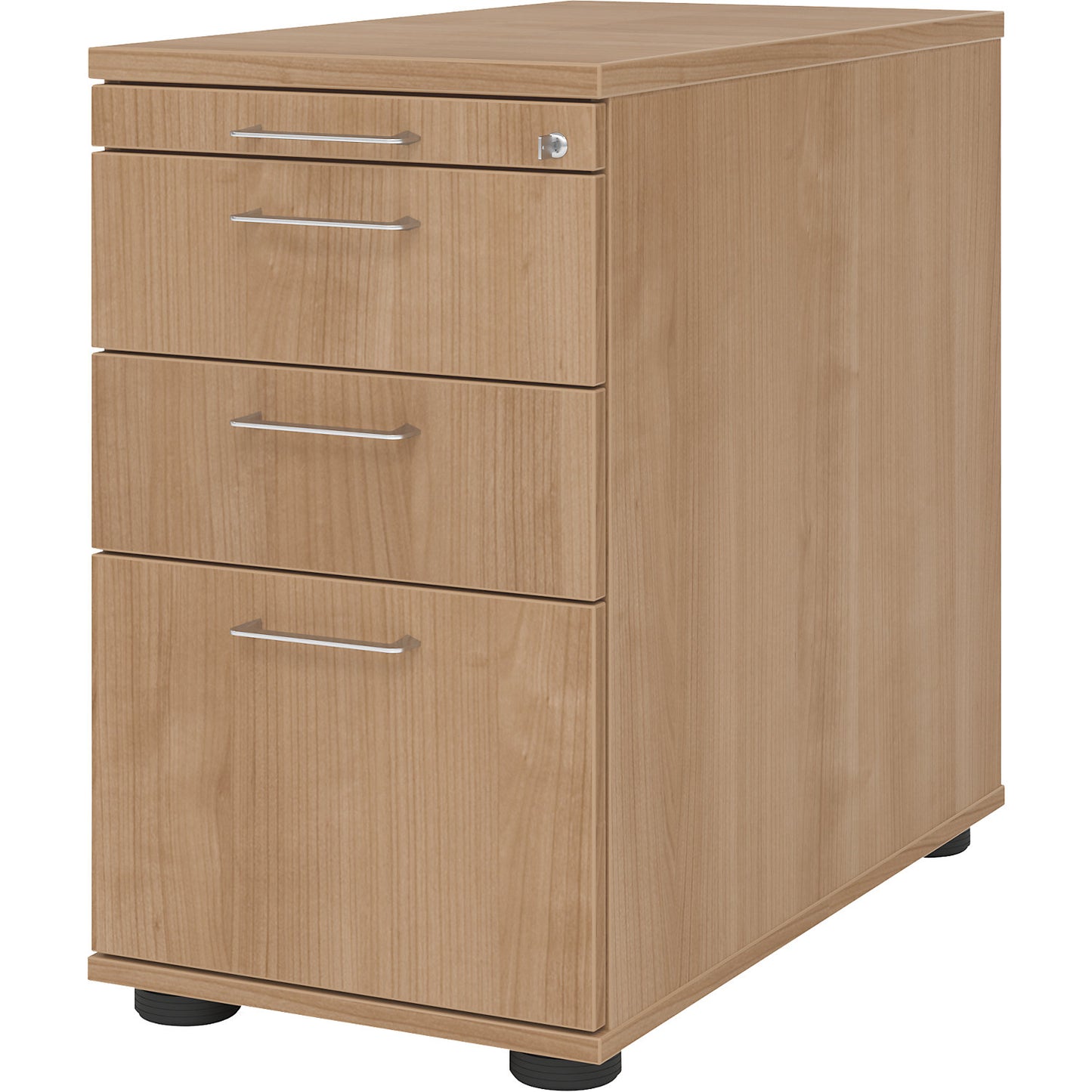 Fixed pedestal, 1 utensil drawer, 2 drawers, 1 suspension file drawer, walnut finish.