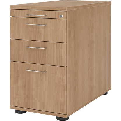 Fixed pedestal, 1 utensil drawer, 2 drawers, 1 suspension file drawer, walnut finish.