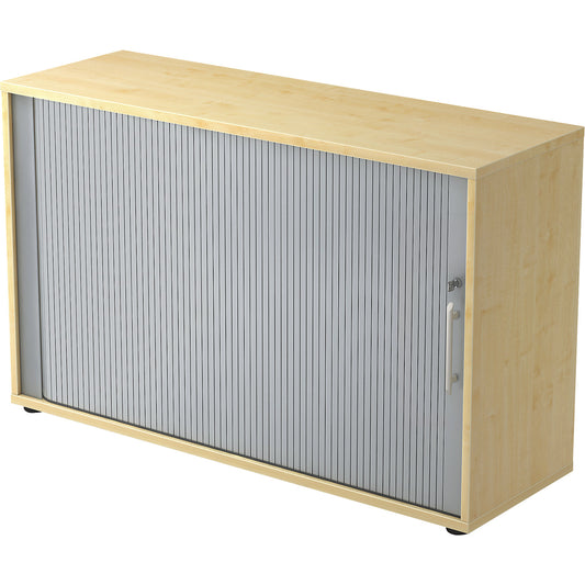 Roller shutter cupboard, 2 shelves each, 1 partition, maple finish.