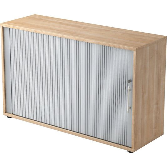 Roller shutter cupboard, 2 shelves each, 1 partition, walnut finish.