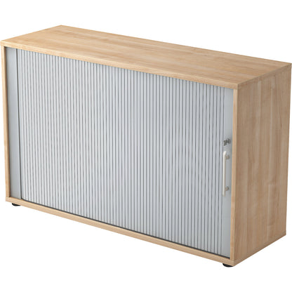Roller shutter cupboard, 2 shelves each, 1 partition, walnut finish.