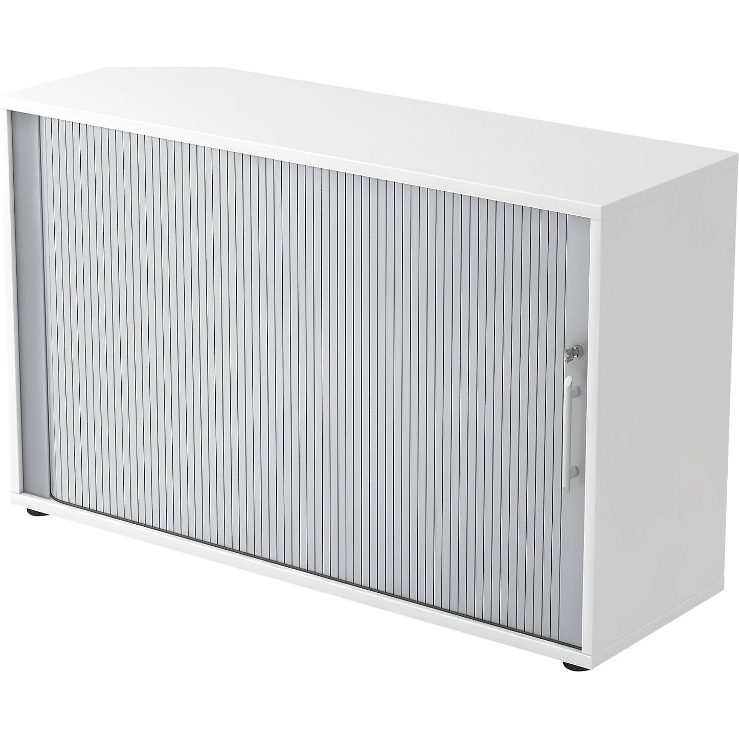Roller shutter cupboard, 2 shelves each, 1 partition, white.