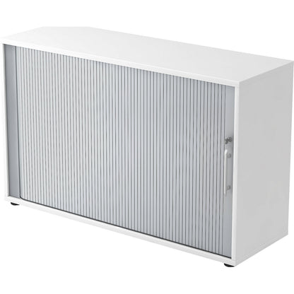 Roller shutter cupboard, 2 shelves each, 1 partition, white.