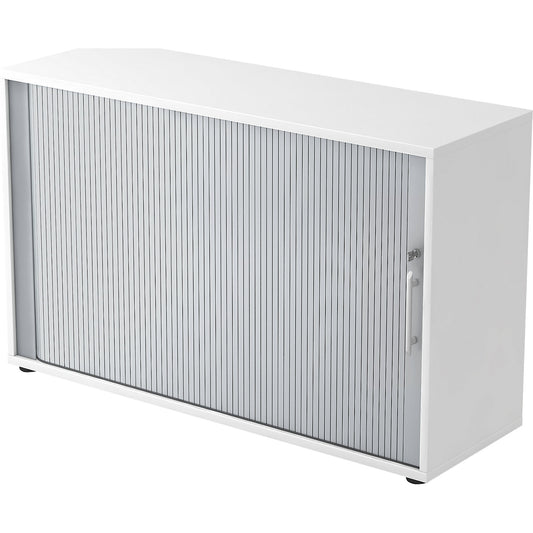 Roller shutter cupboard, 2 shelves each, 1 partition, white.