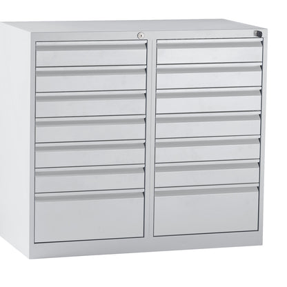 Drawer cupboard, steel, HxWxD 900 x 1000 x 500 mm, 14 drawers, light grey drawers.