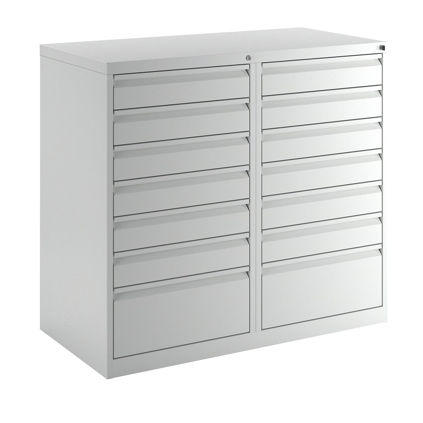 Drawer cupboard, steel, HxWxD 900 x 1000 x 500 mm, 14 drawers, light grey drawers.