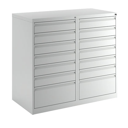 Drawer cupboard, steel, HxWxD 900 x 1000 x 500 mm, 14 drawers, light grey drawers.