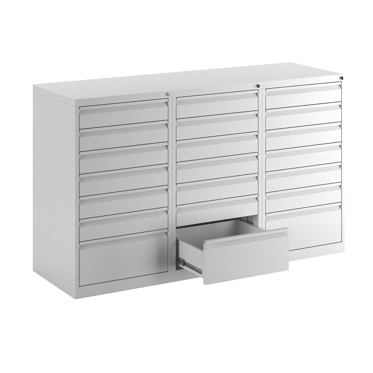 Drawer cupboard, steel, HxWxD 900 x 1500 x 500 mm, 21 drawers, light grey drawers.