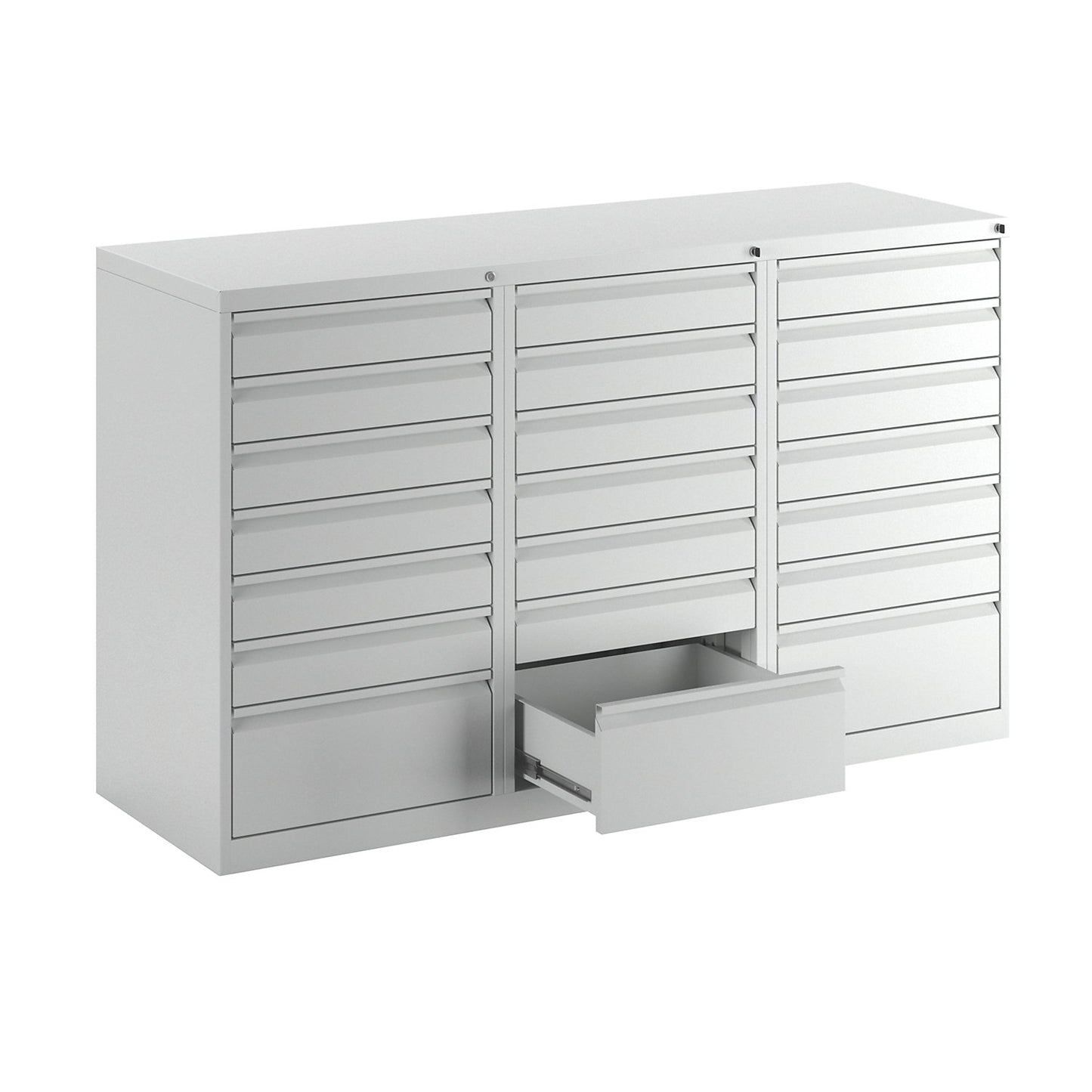 Drawer cupboard, steel, HxWxD 900 x 1500 x 500 mm, 21 drawers, light grey drawers.