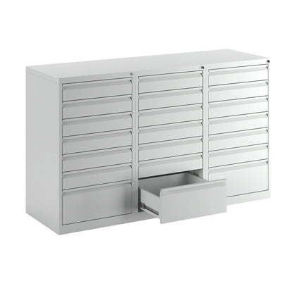 Drawer cupboard, steel, HxWxD 900 x 1500 x 500 mm, 21 drawers, light grey drawers.