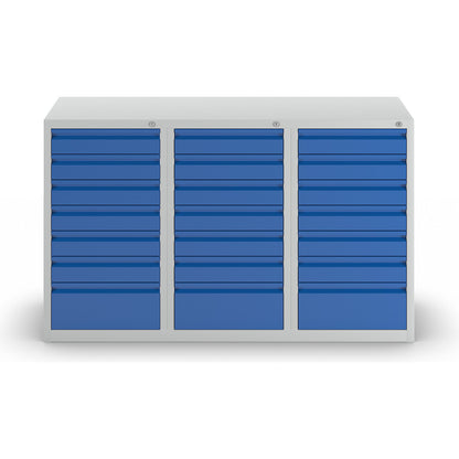 Drawer cupboard, steel, HxWxD 900 x 1500 x 500 mm, 21 drawers, gentian blue drawers.