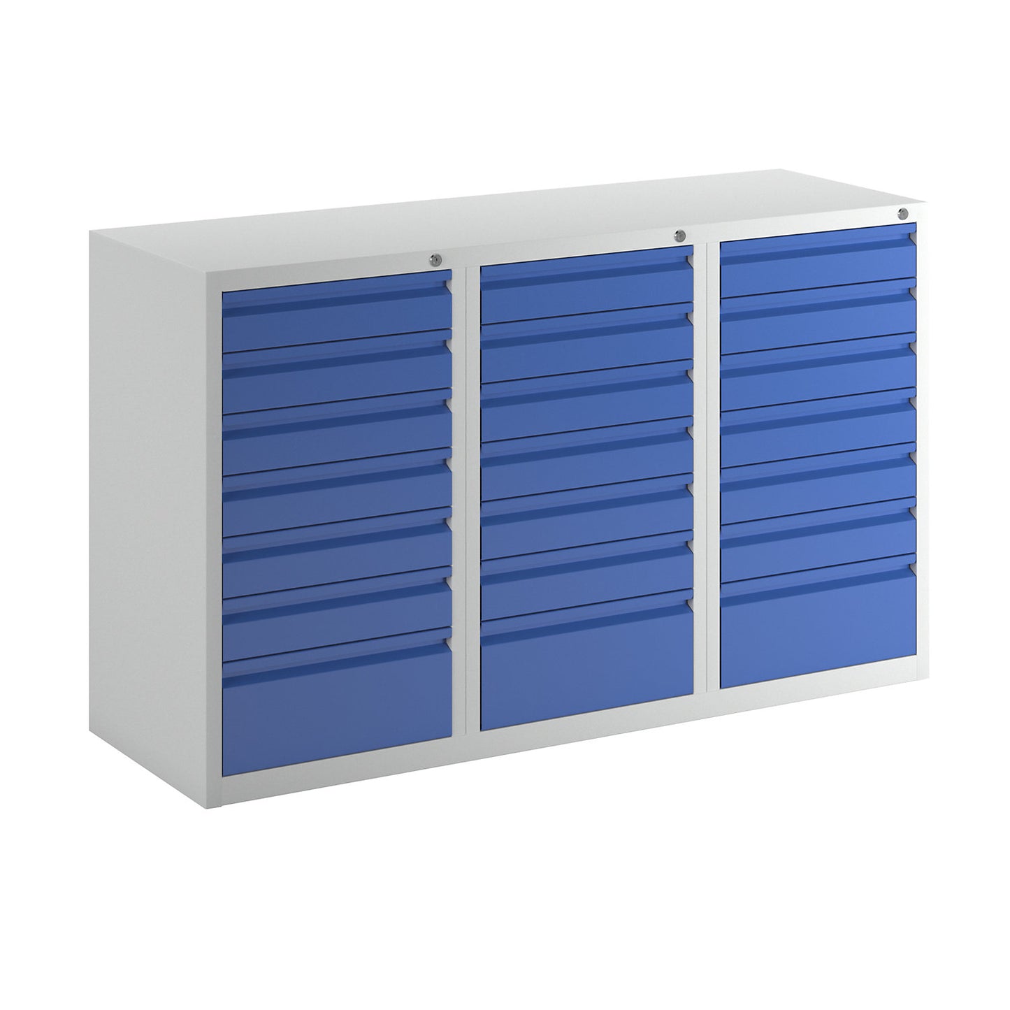 Drawer cupboard, steel, HxWxD 900 x 1500 x 500 mm, 21 drawers, gentian blue drawers.
