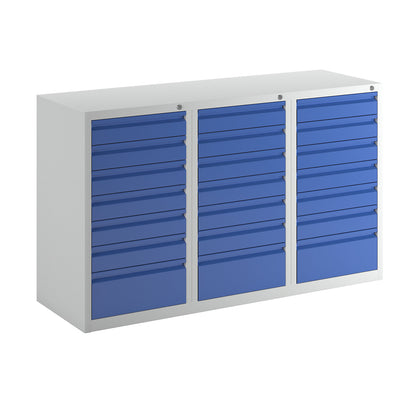 Drawer cupboard, steel, HxWxD 900 x 1500 x 500 mm, 21 drawers, gentian blue drawers.