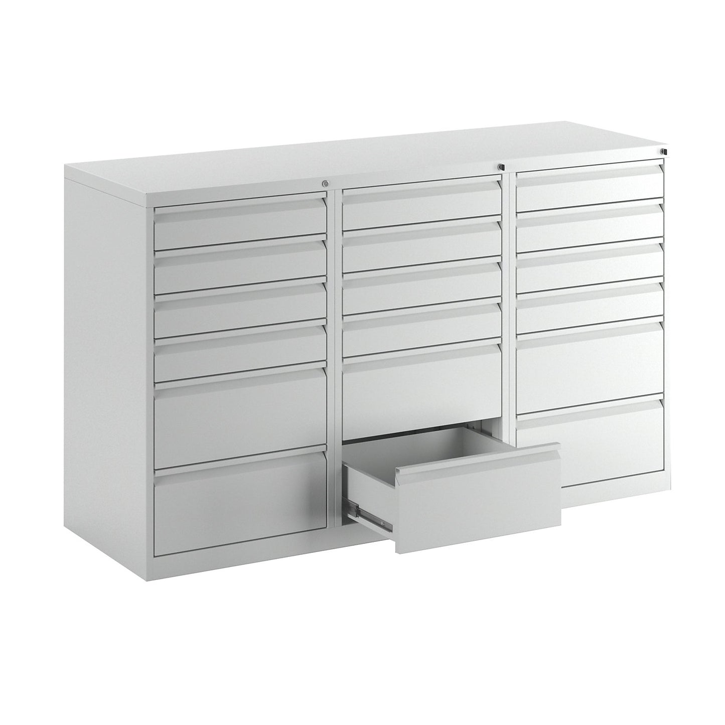 Drawer cupboard, steel, HxWxD 900 x 1500 x 500 mm, 18 drawers, light grey drawers.