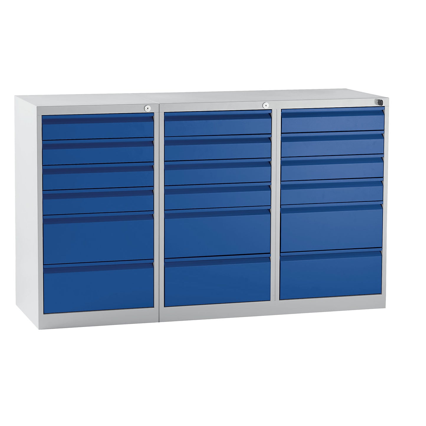 Drawer cupboard, steel, HxWxD 900 x 1500 x 500 mm, 18 drawers, gentian blue drawers.