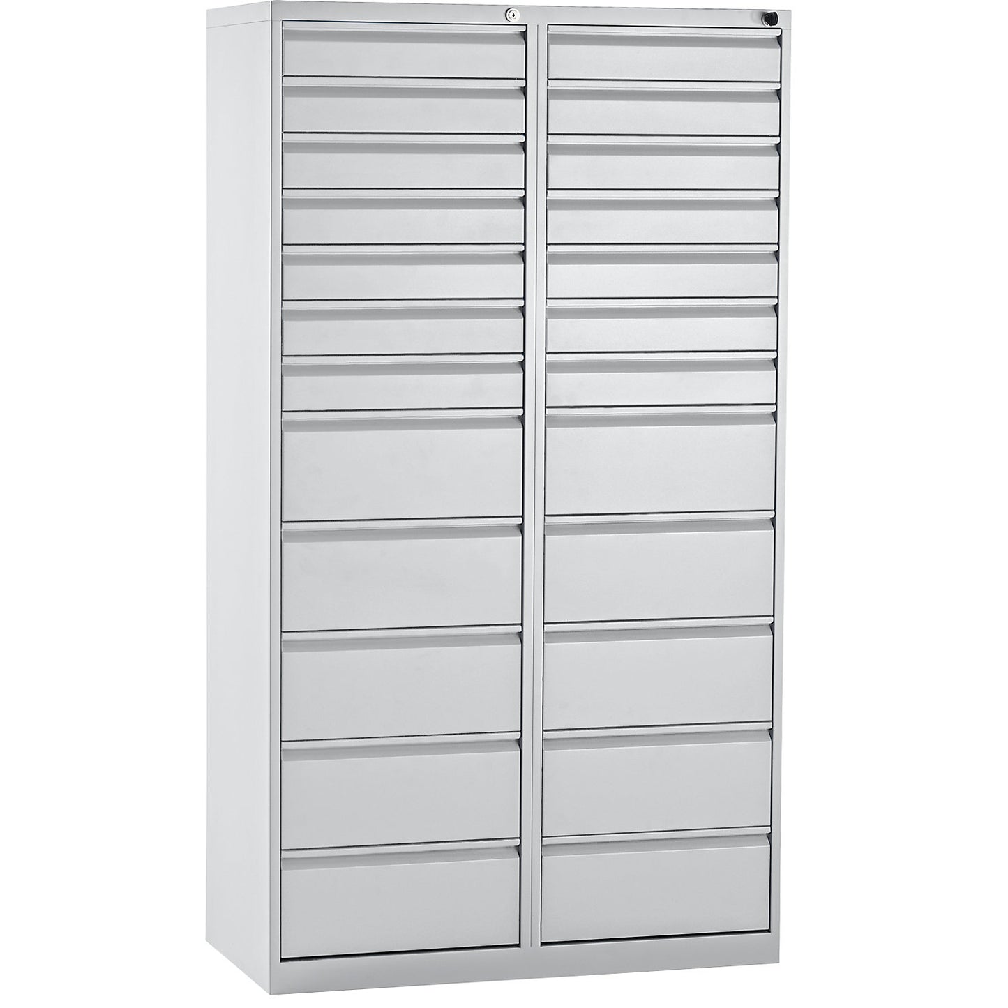Drawer cupboard, steel, HxWxD 1800 x 1000 x 500 mm, 24 drawers, light grey drawers.