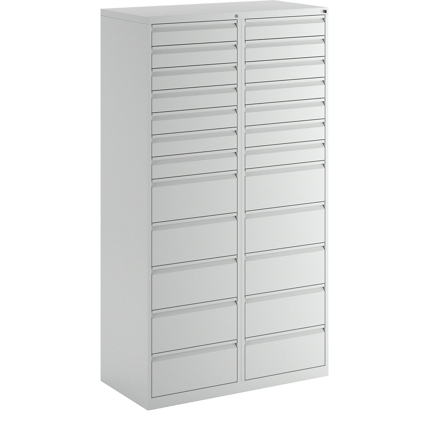 Drawer cupboard, steel, HxWxD 1800 x 1000 x 500 mm, 24 drawers, light grey drawers.