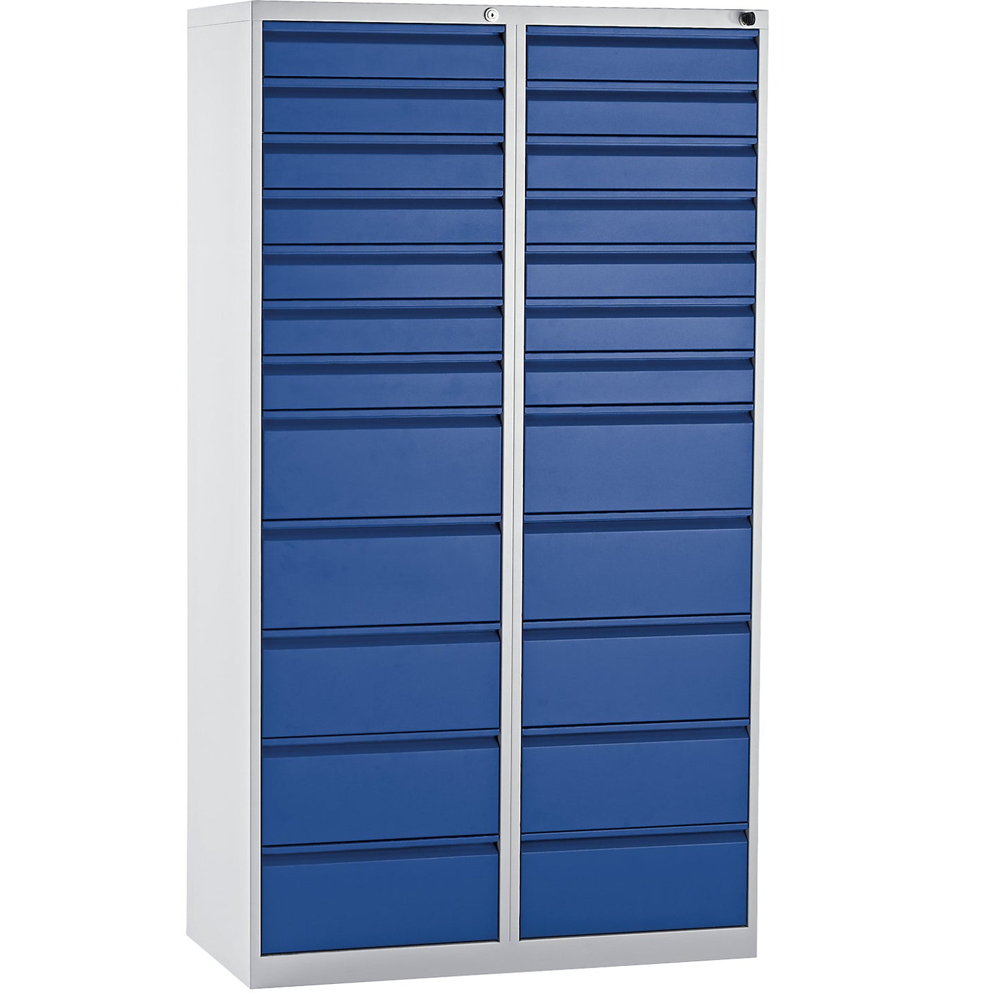 Drawer cupboard, steel, HxWxD 1800 x 1000 x 500 mm, 24 drawers, gentian blue drawers.
