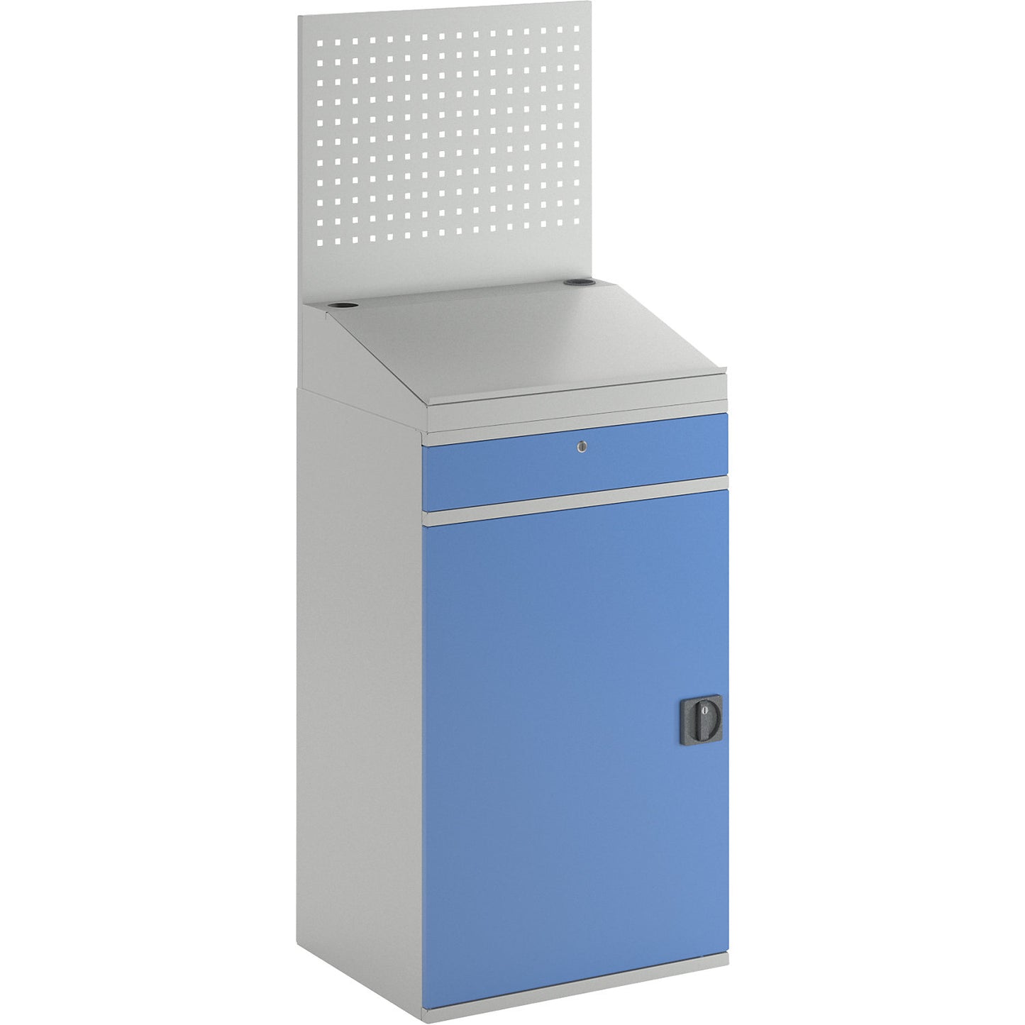Computer workstation, sheet steel, HxW 1770 x 650 mm, with perforated panel and desktop, door colour light blue.