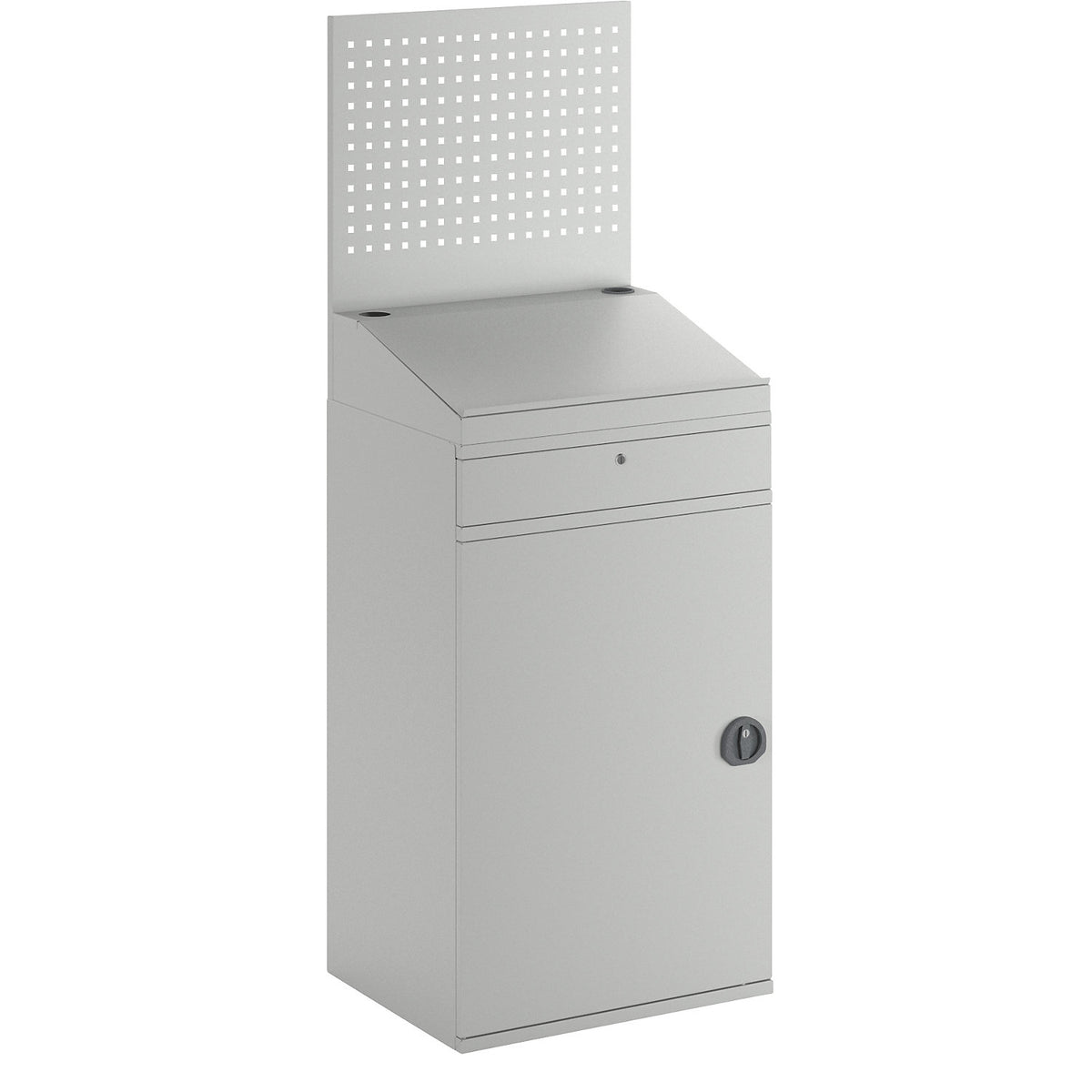 Computer workstation, sheet steel, HxW 1770 x 650 mm, with perforated panel and desktop, door colour light grey.