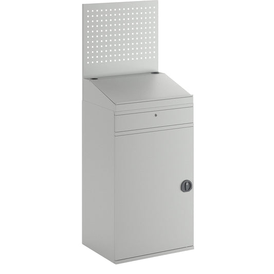 Computer workstation, sheet steel, HxW 1770 x 650 mm, with perforated panel and desktop, door colour light grey.