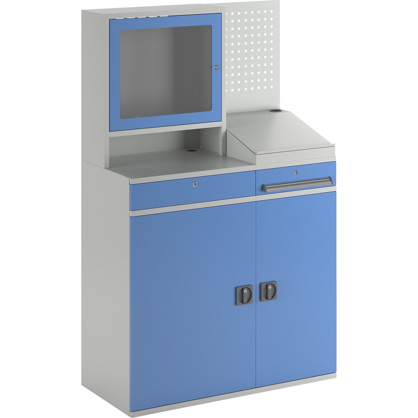 Computer workstation, sheet steel, HxW 1770 x 1100 mm, with monitor housing, perforated panel, desktop, door colour light blue.
