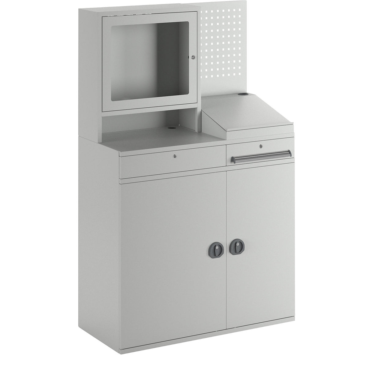 Computer workstation, sheet steel, HxW 1770 x 1100 mm, with monitor housing, perforated panel, desktop, door colour light grey.