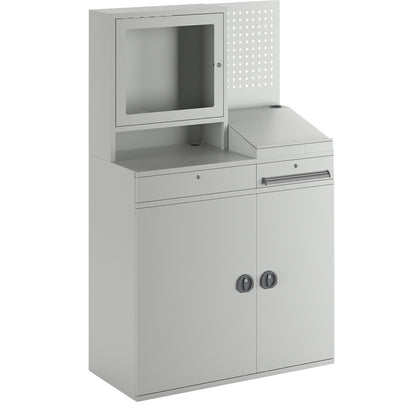 Computer workstation, sheet steel, HxW 1770 x 1100 mm, with monitor housing, perforated panel, desktop, door colour light grey.