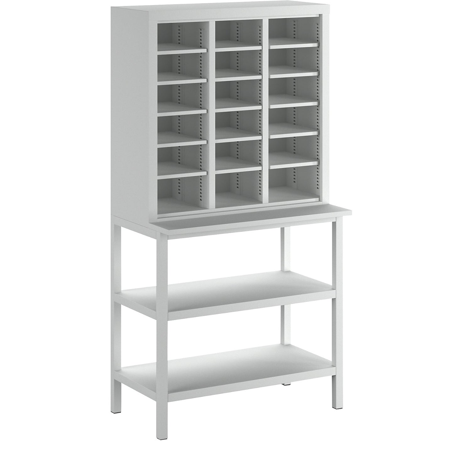 Organisation and sorting station, with work table, light grey.