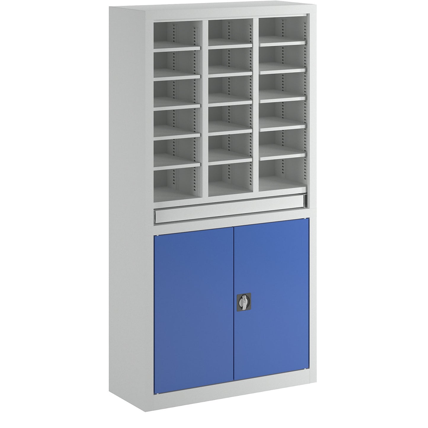 Organisation and sorting station, with double door cupboard, light grey / gentian blue.