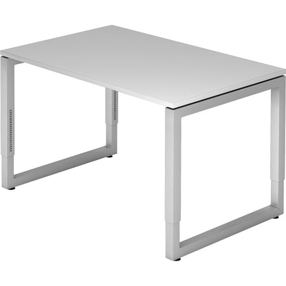 Desk with frame made of rectangular tubular steel, height 650 - 850 mm, WxD 1200 x 800 mm, light grey / aluminium silver.