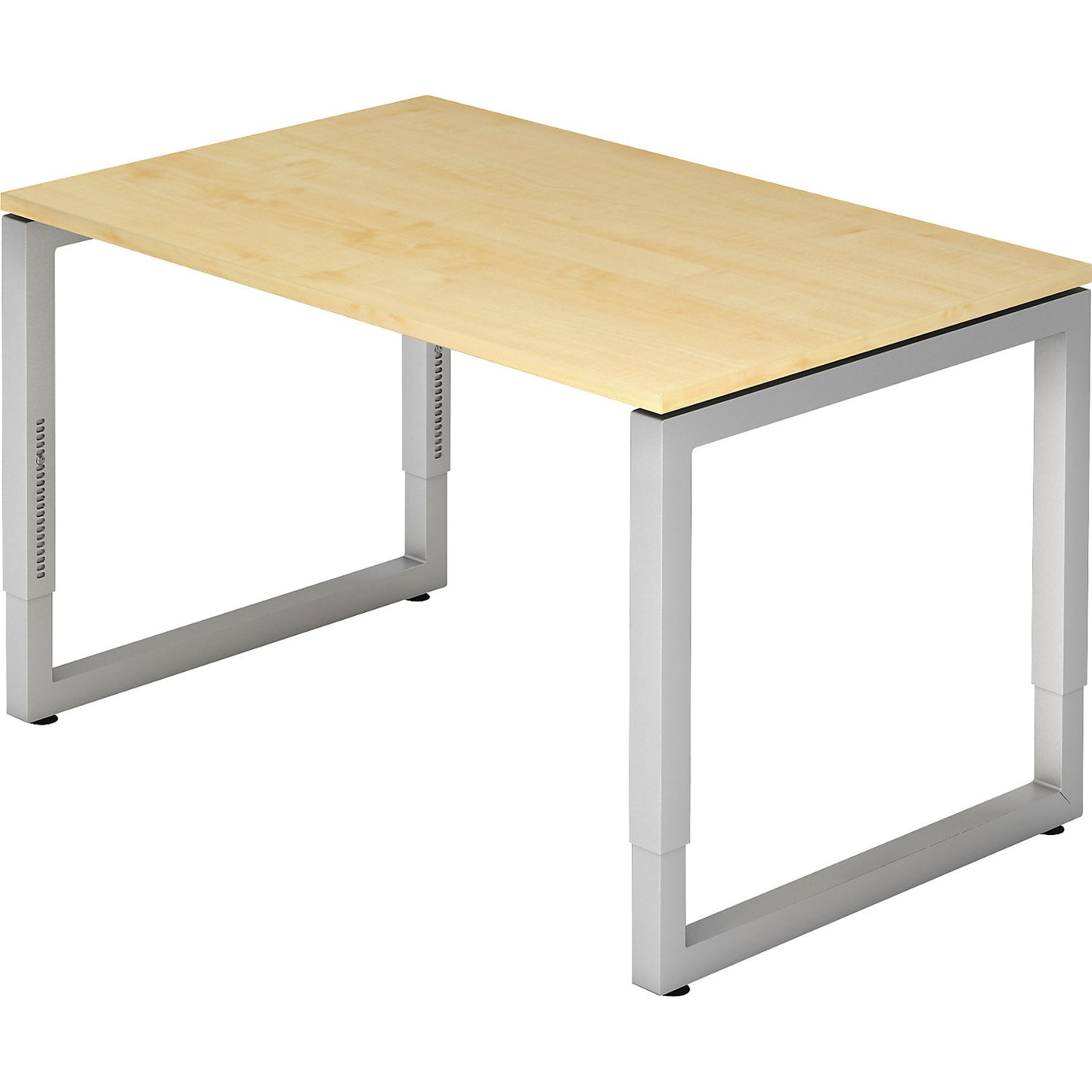Desk with frame made of rectangular tubular steel, height 650 - 850 mm, WxD 1200 x 800 mm, maple / aluminium silver.