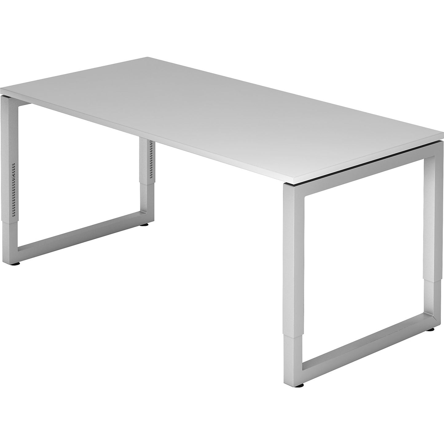 Desk with frame made of rectangular tubular steel, height 650 - 850 mm, WxD 1600 x 800 mm, light grey / aluminium silver.