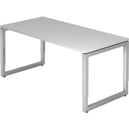 Desk with frame made of rectangular tubular steel, height 650 - 850 mm, WxD 1600 x 800 mm, light grey / aluminium silver.