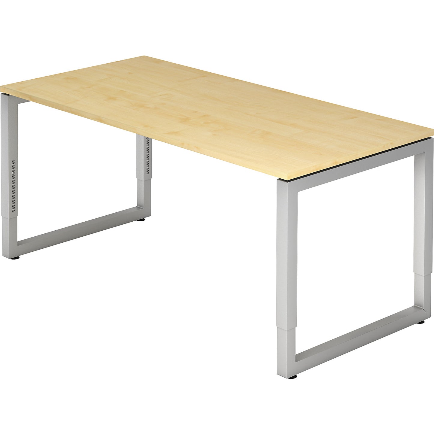 Desk with frame made of rectangular tubular steel, height 650 - 850 mm, WxD 1600 x 800 mm, maple / aluminium silver.