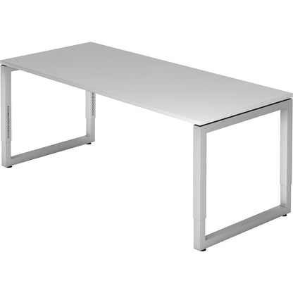Desk with frame made of rectangular tubular steel, height 650 - 850 mm, WxD 1800 x 800 mm, light grey / aluminium silver.