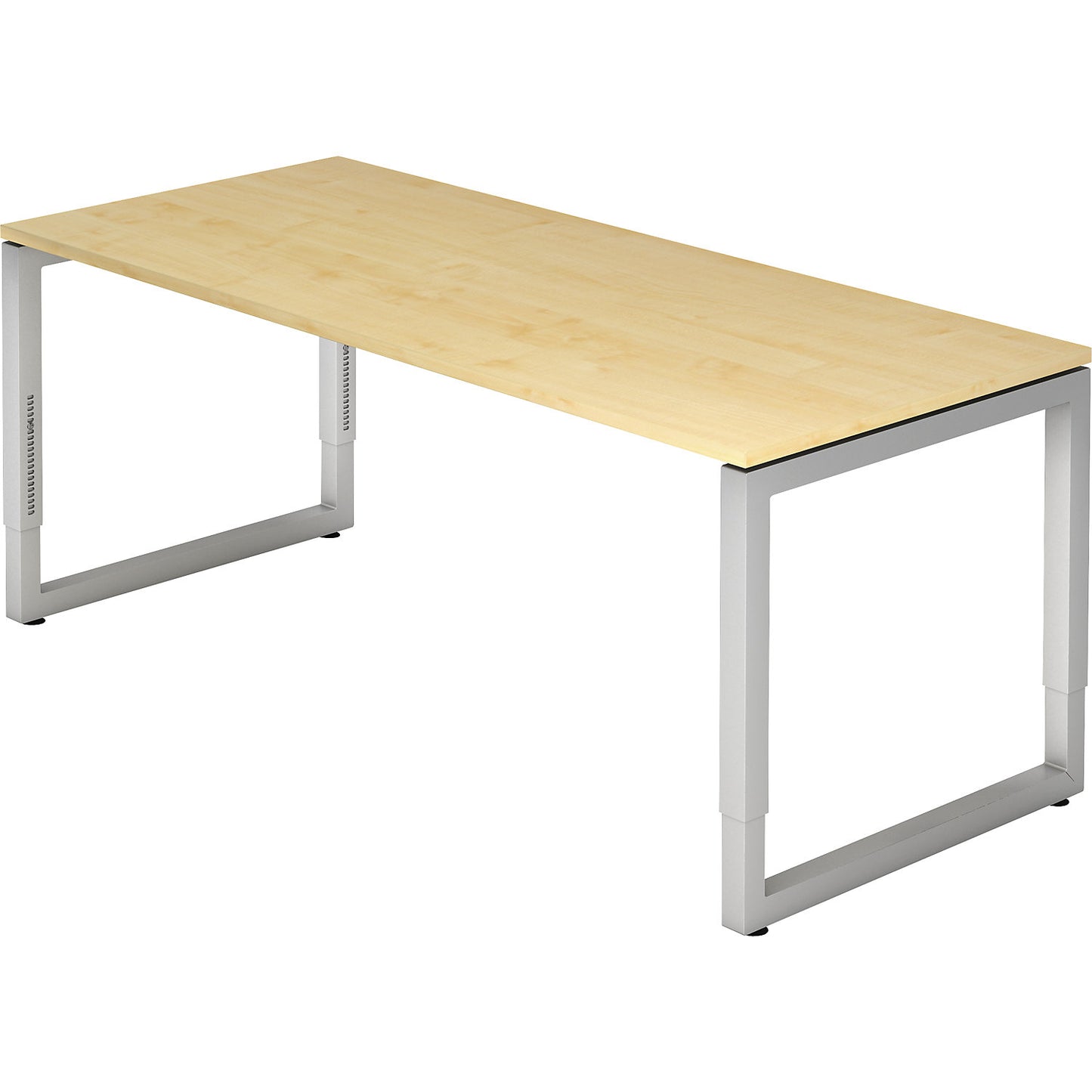 Desk with frame made of rectangular tubular steel, height 650 - 850 mm, WxD 1800 x 800 mm, maple / aluminium silver.