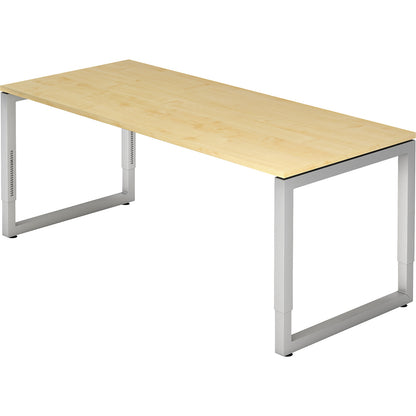 Desk with frame made of rectangular tubular steel, height 650 - 850 mm, WxD 1800 x 800 mm, maple / aluminium silver.