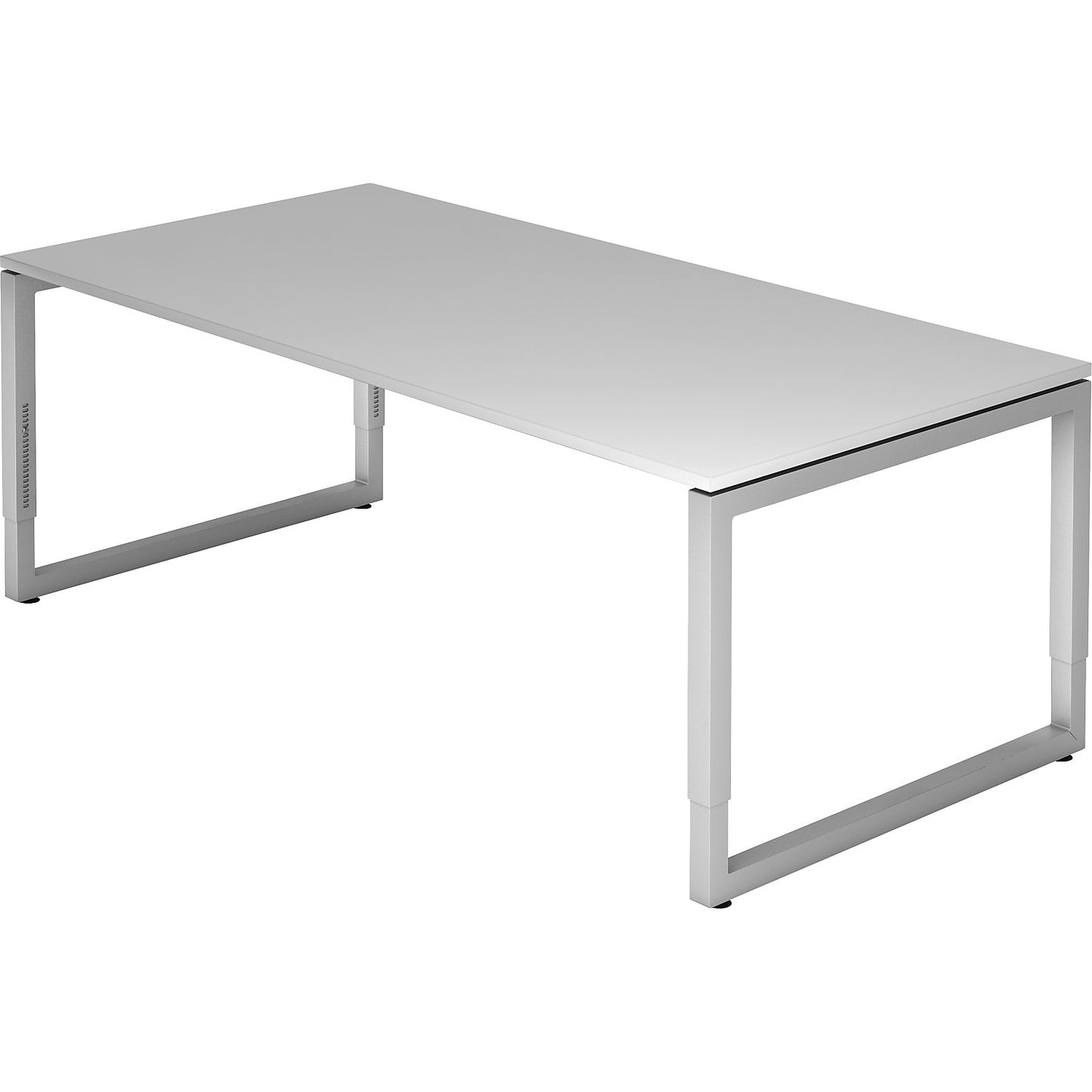 Desk with frame made of rectangular tubular steel, height 650 - 850 mm, WxD 2000 x 1000 mm, light grey / aluminium silver.