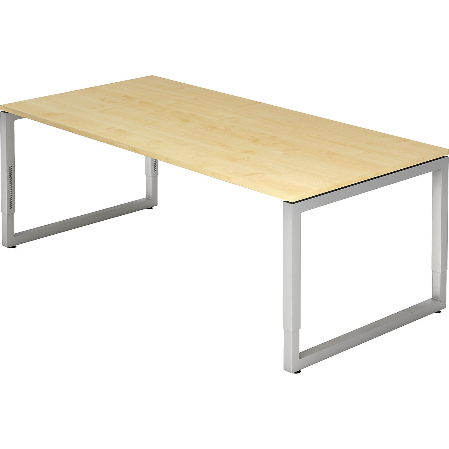 Desk with frame made of rectangular tubular steel, height 650 - 850 mm, WxD 2000 x 1000 mm, maple / aluminium silver.